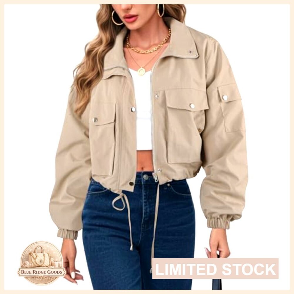 Cropped Bomber Jacket Lightweight Utility Anorak Zip Up With Pockets Trendy - Picture 5 of 7